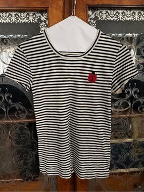 J. Crew Black & White Striped Tee with Red Ladybug Embroidery